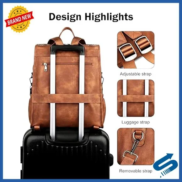 Leather Laptop Backpack Designer Work Travel Computer Bag Vegan Leather - Picture 6 of 6